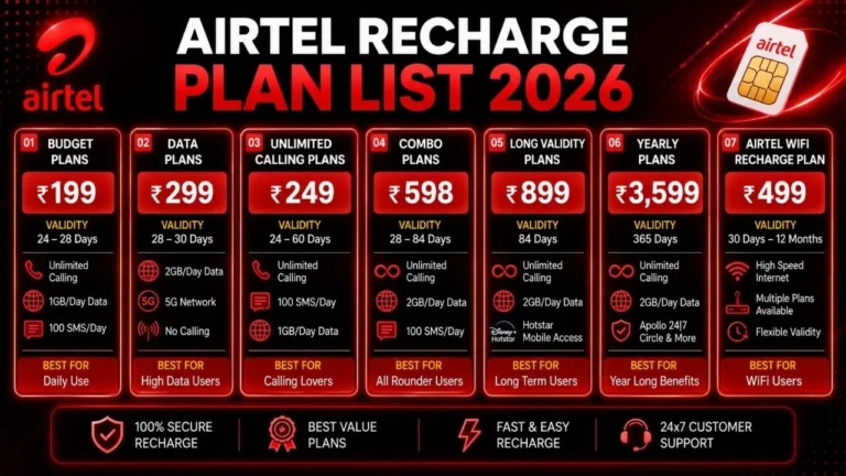 Airtel Recharge Plan List 2026 - Unlimited Data, Call Offers, WiFi Plans & Prices