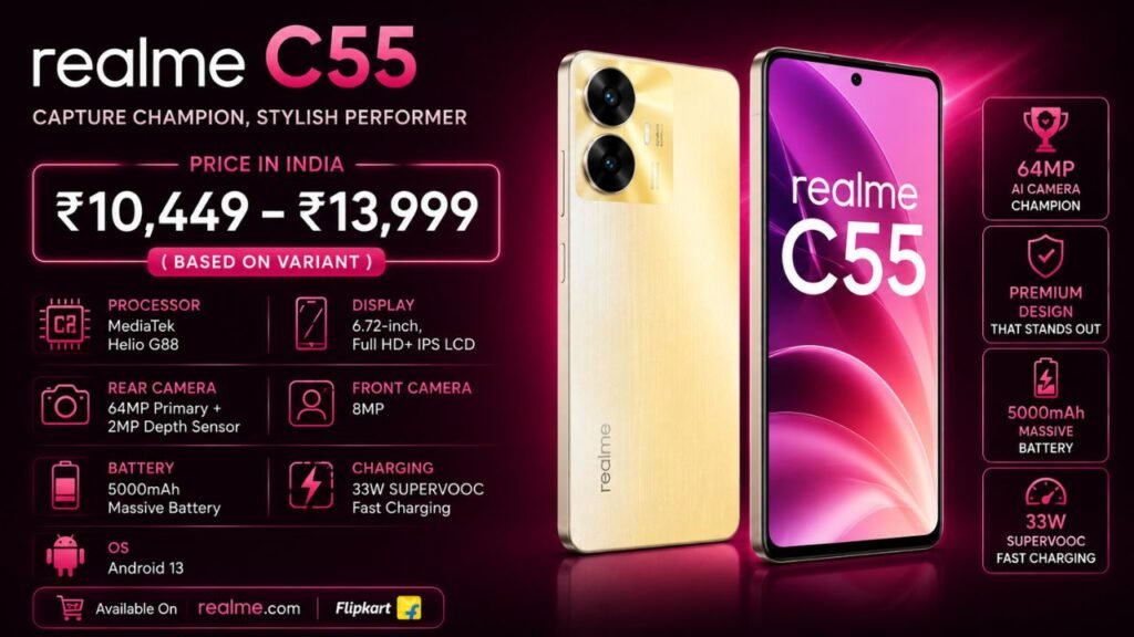 Realme C55 Price in India 2026 — ₹10,499 to ₹13,999 | All Variants, Specs & Offers
