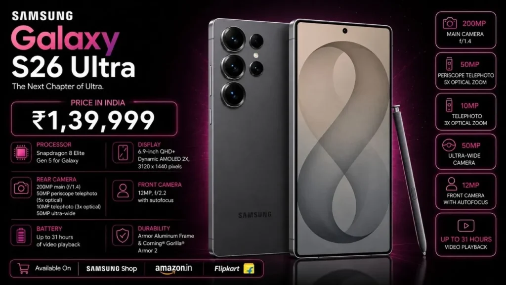 Samsung Galaxy S26 Ultra Price Starts at ₹1,39,999, Specifications & Features (2026)