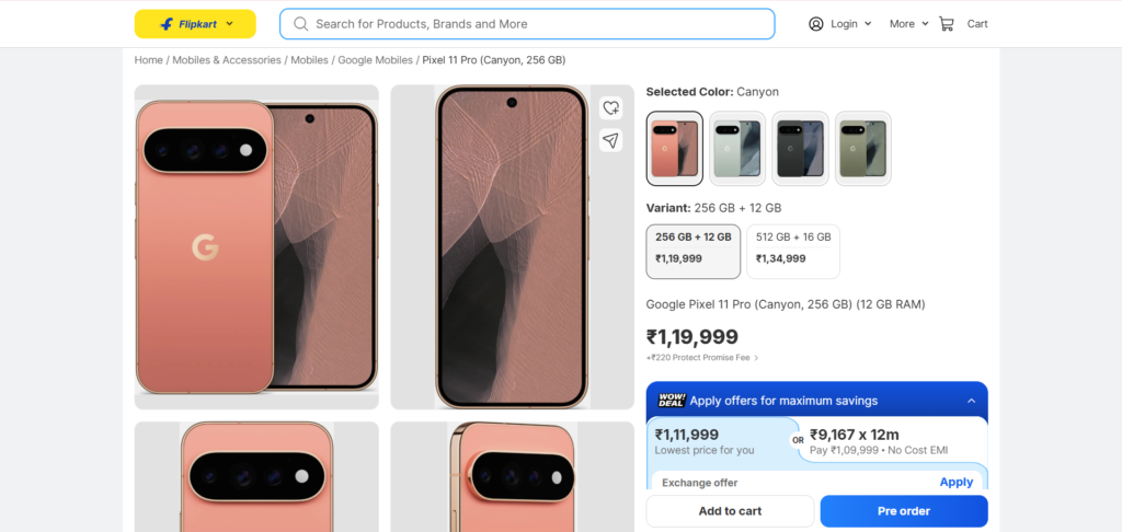 Google Pixel 11 Pro Price on Flipkart and Amazon