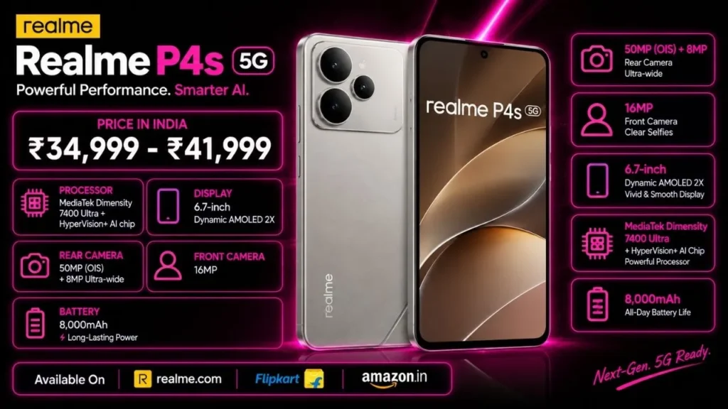 Realme P4s 5G Price in India, Specifications, Colours & EMI (2026)