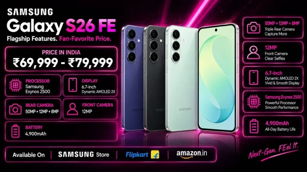 Samsung Galaxy S26 FE Price in India, Specifications, Colours, EMI & Launch Date ( Sep 18, 2026)