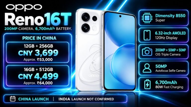 Oppo Reno 16T Launched With 200MP Camera and 6,700mAh Battery: Price, Specifications