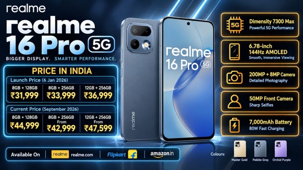 Realme 16 Pro 5G Price in India, Specifications, Launch Date, Colours, Bank Offers & EMI (2026)